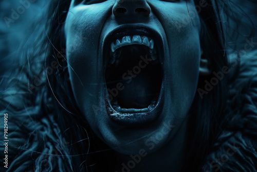 Intense emotion captured in a scream with raw human expression amplified in a monochrome tone.