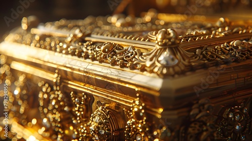 In the soft glow of golden light, the treasure box gleams with polished elegance, its intricate carvings and jeweled embellishments captured in exquisite detail by the HD camera © Love Mohammad