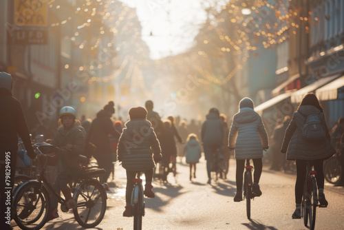  Bustling urban street scene with pedestrians and cyclists enveloped in golden sunset light.