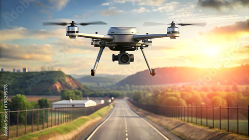 Generative ai. a close up of a drone flying over a road with a sunset in the background, drone speedways photo