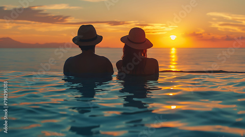 A romantic couple with hats on vacation time enjoys the summer sunset by the pool © Fatima