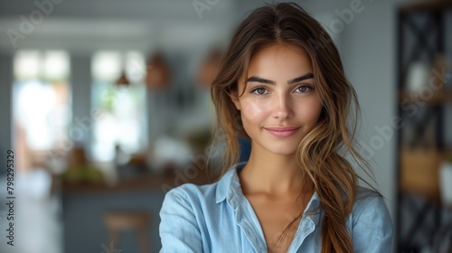 Happy young smiling confident professional business woman wearing blue shirt, pretty stylish female executive looking at camera, standing arms crossed at grey background concept.