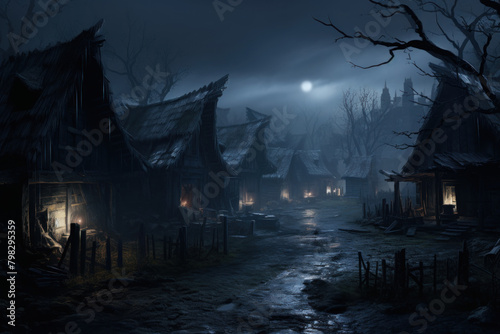 Creepy medieval village under a full moon night with eerie lights and desolate pathways.