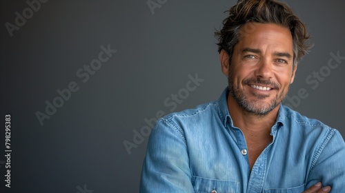 Happy young smiling confident professional business man wearing blue shirt, pretty stylish male executive looking at camera, standing arms crossed at grey background concept.