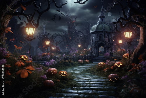 Enchanting pathway lined with glowing pumpkins leading to an eerie mansion under a moonlit sky.