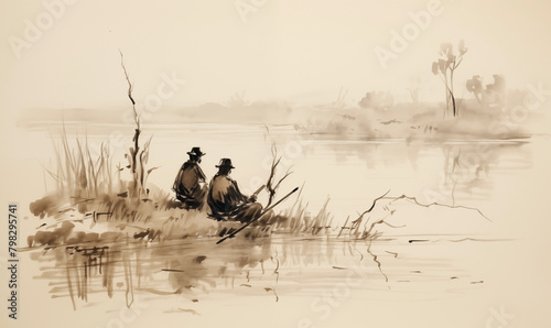 Sepia tone illustration of a father and son sitting on the bank of a marsh, hunting and trapping photo