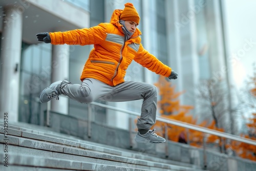 Man in Orange Jacket Performing Trick