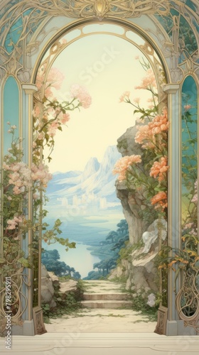 An art nouveau drawing of a opened door landscape architecture painting tranquility. photo