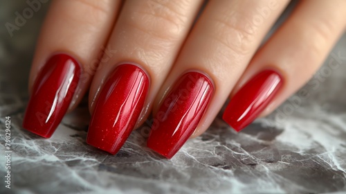 Female hand with beautiful manicure with red gel polish Generative AI	

