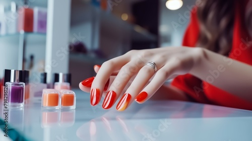 A female hand with a beautiful manicure with gel nail polish reaches for a nail polish Generative AI	
