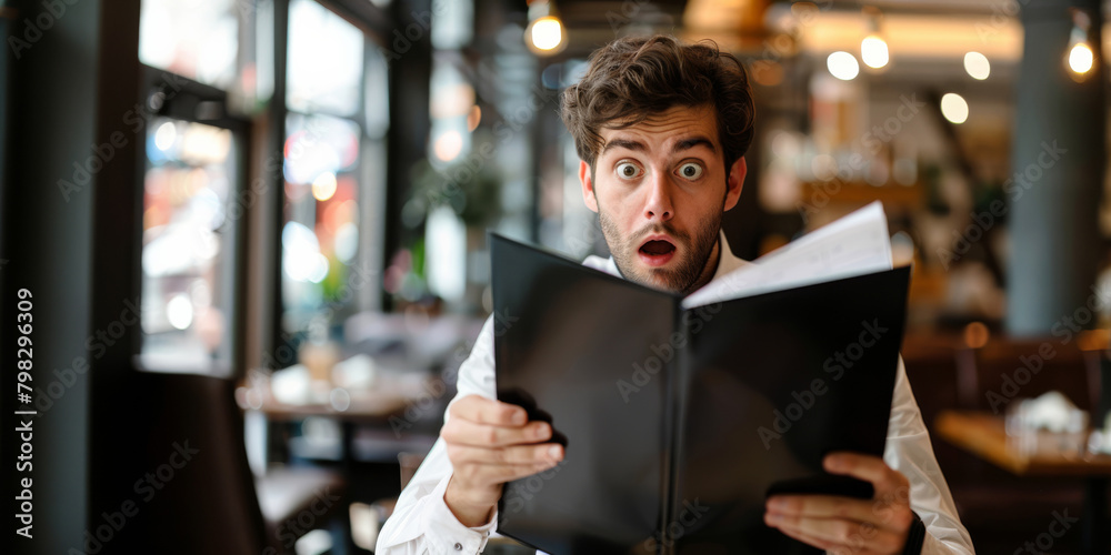 A man in shock holds the menu at a restaurant. He didn't expect to pay that much for food. A man in shock holds the menu at a restaurant. He didn't expect to pay that much for food.