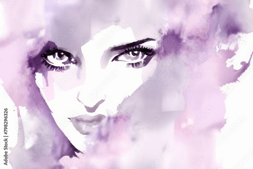 Fototapeta premium Elegant fashion woman with red lips makeup watercolor illustration in purple and pink colors. Young and beautiful girl liquid acrylic painting. Banner with copy space