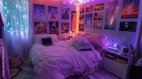 Cozy bedroom with purple LED lights, cute bed, white fluffy carpet, wall full of photo posters, in the style of aesthetic, purple led light strip on the ceiling