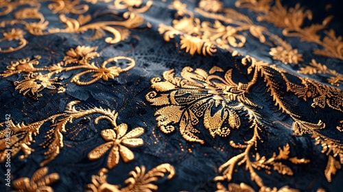 Realistic close-up image of a luxury silk carpet with intricate golden floral patterns on a deep navy background