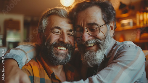 Adult hipster son fun hugging old senior father at home, two generations have a beard talking together and relaxing with smile, 2 man happy enjoy to living at home in father's day with love of family photo