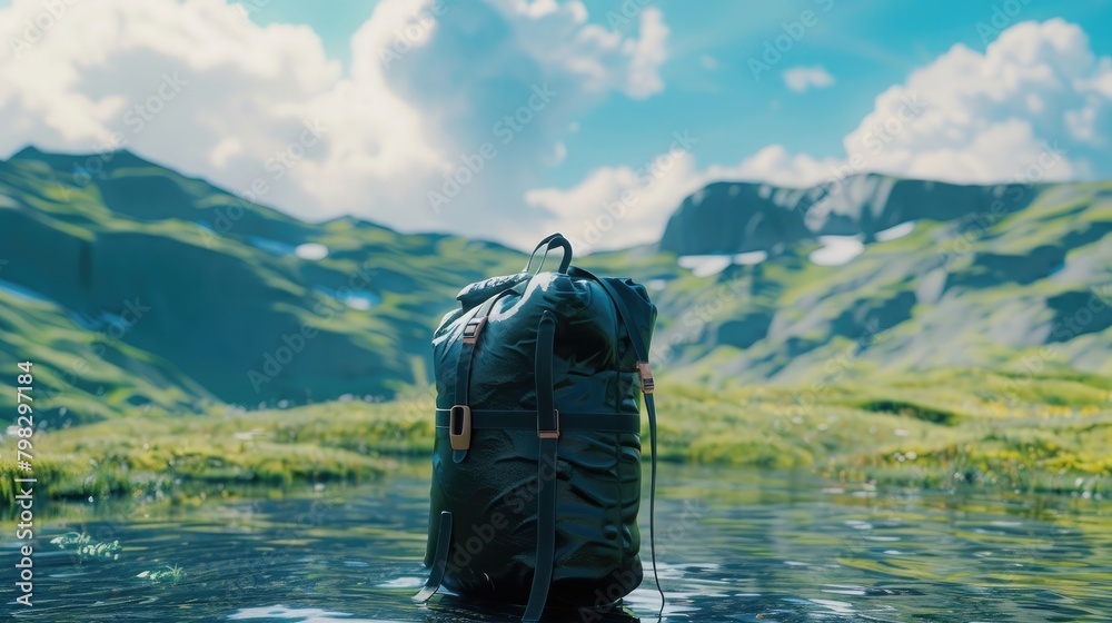 draw a black sports rubberized bag standing on blue water, a realistic photo of a bag on a green meadow, around a mountain, a clear blue sky