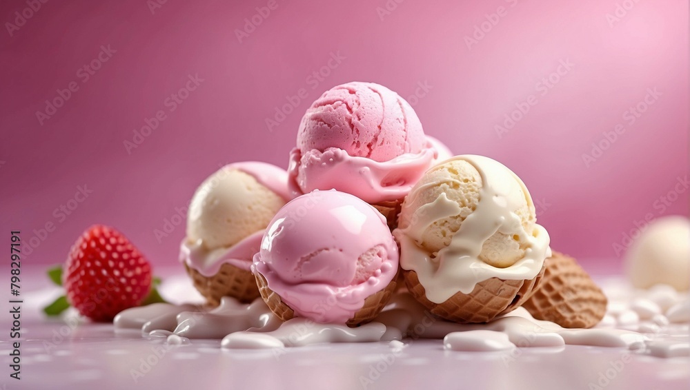 ice cream with roses, vanilla ice cream,pink ice cream