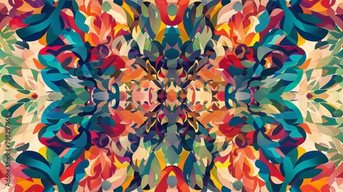 A vibrant symmetrical tapestry of abstract shapes and colors