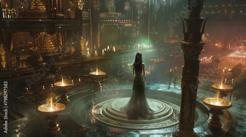 A stunning immortal queen her skin glowing with an otherworldly radiance stands in the center of a lavish chamber. Surrounding her . .