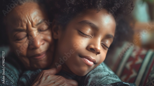 African son hugging his mum indoors at home - Main focus on senior mother face photo
