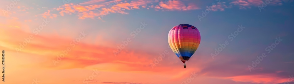Obraz premium A hot air balloon drifts lazily across a dawn sky, its vibrant patches a quilt of adventure, bright water color