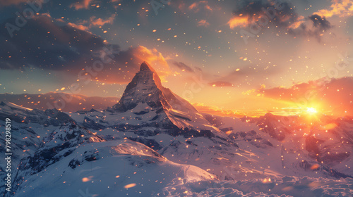 snowboarder in the mountains, swiss alps scenery of the matterhorn at sunset