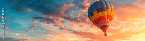 A hot air balloon drifts lazily across a dawn sky, its vibrant patches a quilt of adventure, bright water color