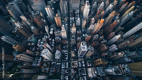 the backdrop of a city skyline, the HD camera reveals the mesmerizing patterns of streets and buildings from above in captivating aerial photography, with bustling urban life photo