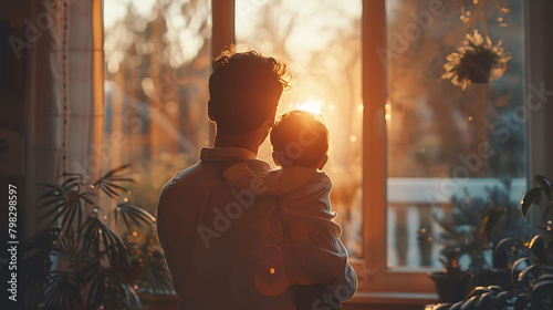 Arabian father embracing son at home looking at the window  photo