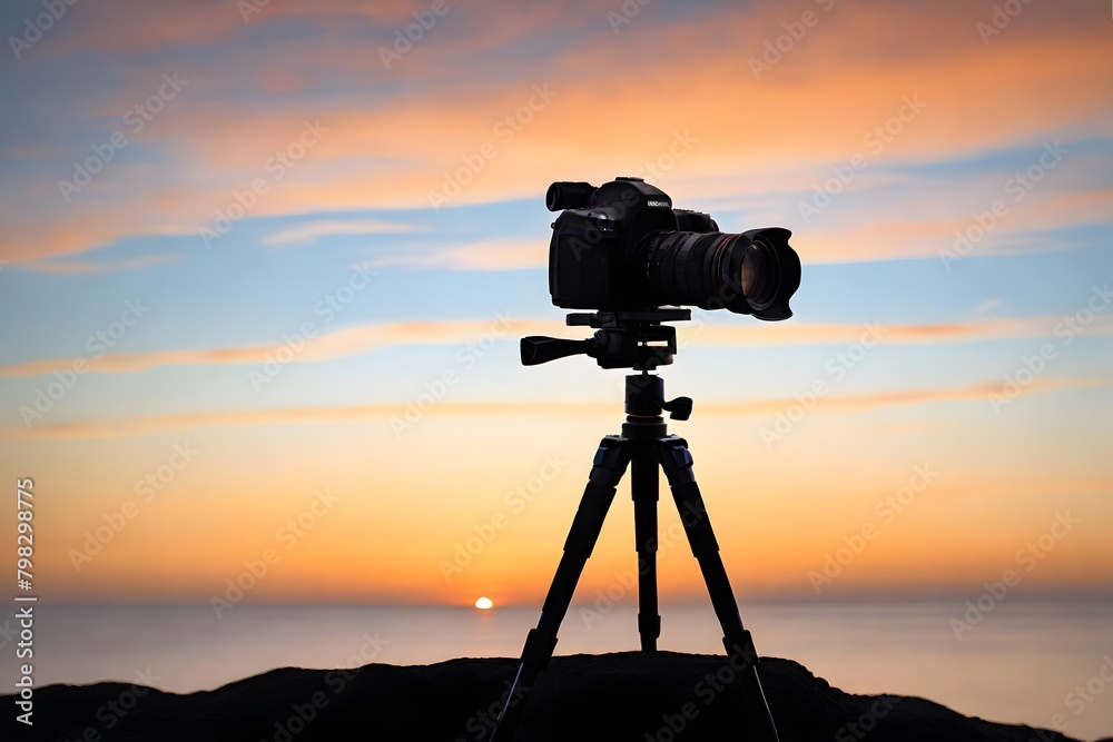 A camera is set up on a tripod with the sun setting behind it. Photography day. A camera is set up on a tripod with the sun setting behind it. Photography day.