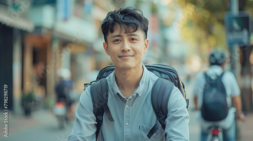 Asian businessman go to work at office stand and smiling wear backpack look at camera with bicycle on street around building on a city, Bike commuting, Commute on bike, Business commuter concept photo