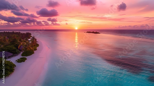 the backdrop of a colorful sunset, the HD camera showcases the stunning beauty of a tropical paradise from above in captivating aerial photography, with palm-fringed beaches 