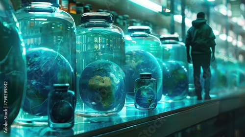 Earth is trapped inside a glass jar filled with water being held on a shelf among side many other planet systems in jars, the creators of these planets 