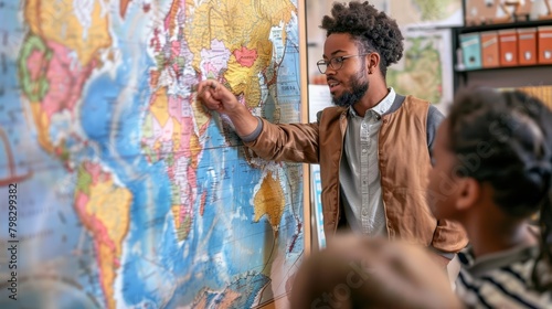 A teacher points to a large, colorful map on the classroom wall, students eyes following the journey of explorers, draw concept © JK_kyoto