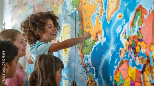 A teacher points to a large  colorful map on the classroom wall  students eyes following the journey of explorers  draw concept