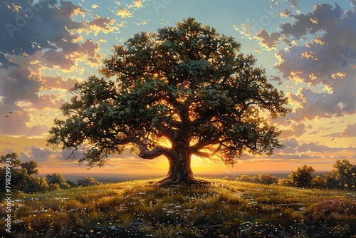 A large  majestic oak tree stands alone in a field of wildflowers