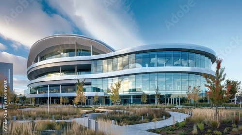 Envision a modern technology building inspired by the Apple company logo, featuring a unique circular design with a prominent bite mark, resembling a gigantic apple. 