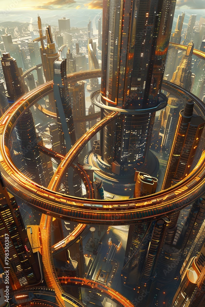 Craft a futuristic cityscape with interconnected bridges and soaring ...