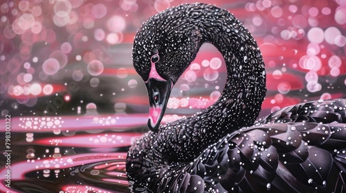 extraordinary black swan covered in diamonds, pink shimmering lake, photorealistic photo