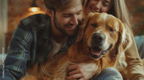 At Home: Happy Couple Play with Their Dog, Gorgeous Brown Labrador Retriever, Boyfriend and boyfriend Tease, Pet and Scratch Super Happy Doggy, Have Fun in the Stylish Living Room photo