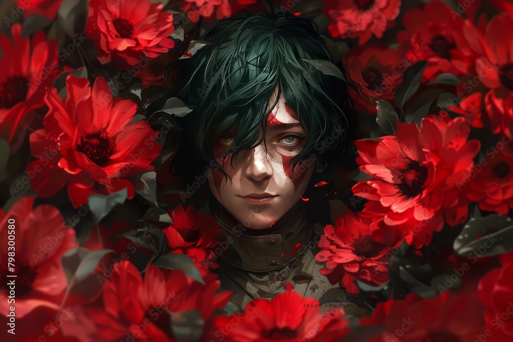 Man With Green Hair in Field of Red Flowers Man With Green Hair in Field of Red Flowers
