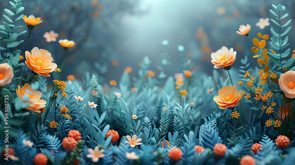 Create a 3D rendering of a field of flowers with a blue tint