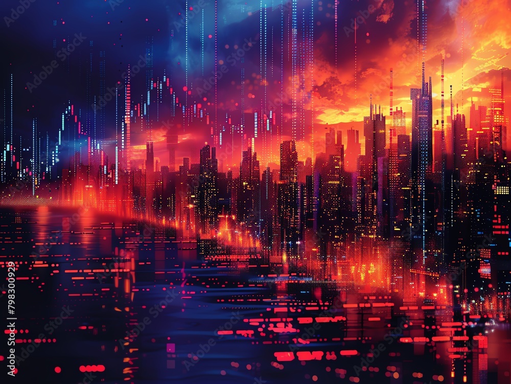 A digital painting of a city at night. The city is full of skyscrapers and the sky is a bright orange color. A digital painting of a city at night. The city is full of skyscrapers and the sky is a bright orange color.
