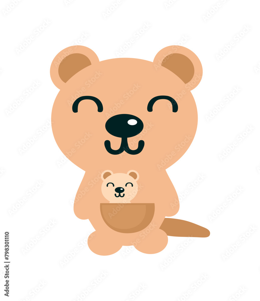 Obraz premium Cute kawaii hand drawn quokka with baby. Perfect design for any purpose. Doodle vector illustration isolated on white background.