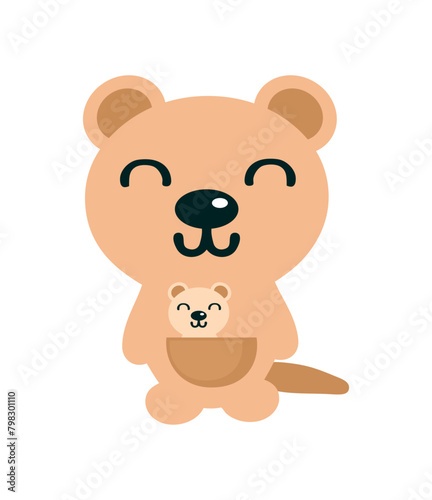 Cute kawaii hand drawn quokka with baby. Perfect design for any purpose. Doodle vector illustration isolated on white background.