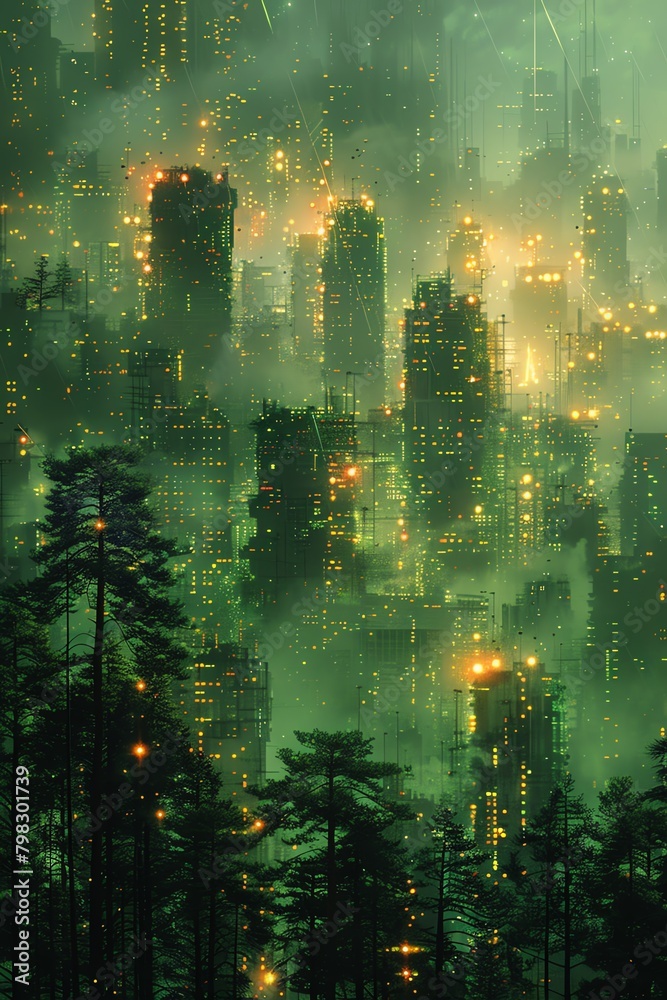 A green city in the middle of a forest - obrazy, fototapety, plakaty 