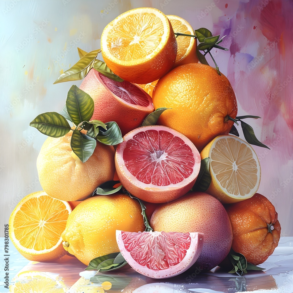 Levitating Citrus Fruits Suspended in Minimalist Digital Composition - obrazy, fototapety, plakaty 