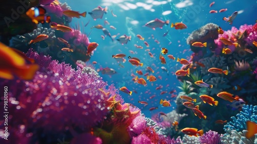 A vibrant and colorful image of a school of tropical fish darting among coral structures, representing the beauty and diversity of marine life on World Reef Awareness Day. © Ammar