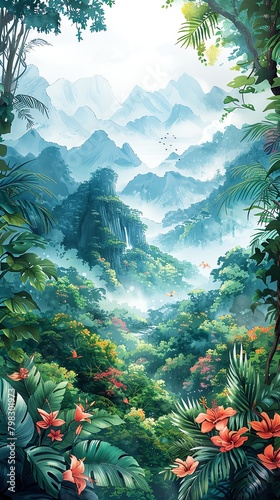 A lush green jungle with a blue mountain range in the background. There are many different types of plants and flowers in the foreground.