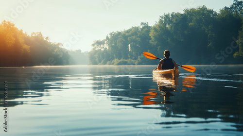A person calmly kayaks on tranquil waters, basking in the warm light of the setting sun, surrounded by a peaceful natural landscape - Generative AI © chris3d